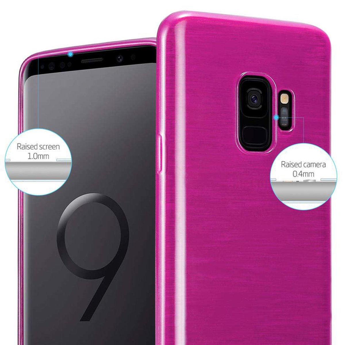 Custodia per telefono rosa con telefono all'interno. Primo piano di una custodia con schermo e fotocamera rialzati.