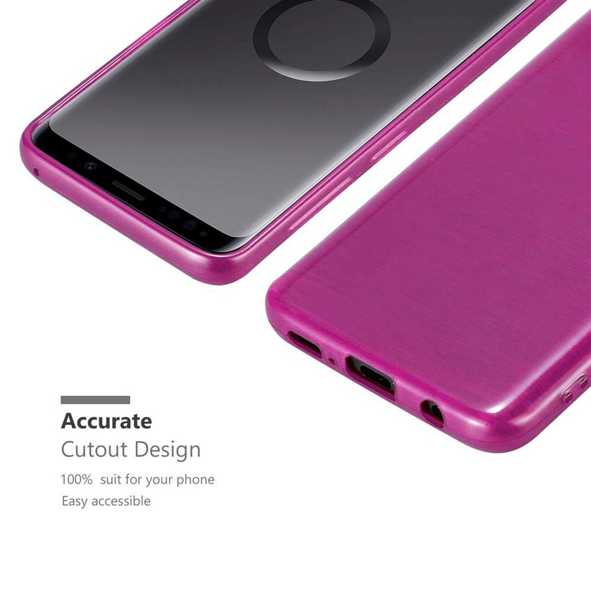 Un telefono con custodia rosa e un telefono sul lato destro, il testo 'Accurate Cutout Design'.