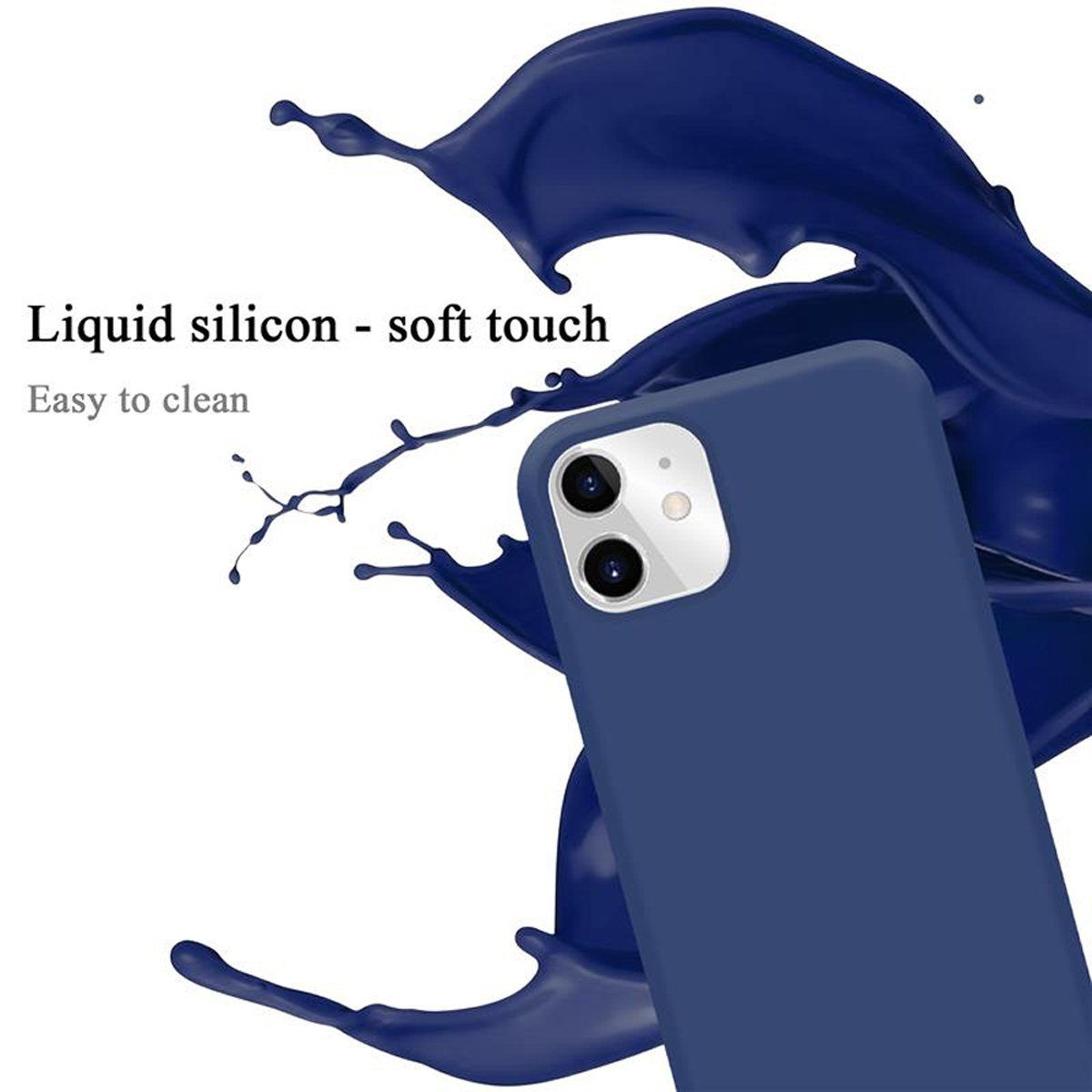 Eine dunkelblaue Handyhülle mit einem Flüssigkeitsspritzereffekt. Die Hülle ist für ein Telefon mit zwei Kameras konzipiert.