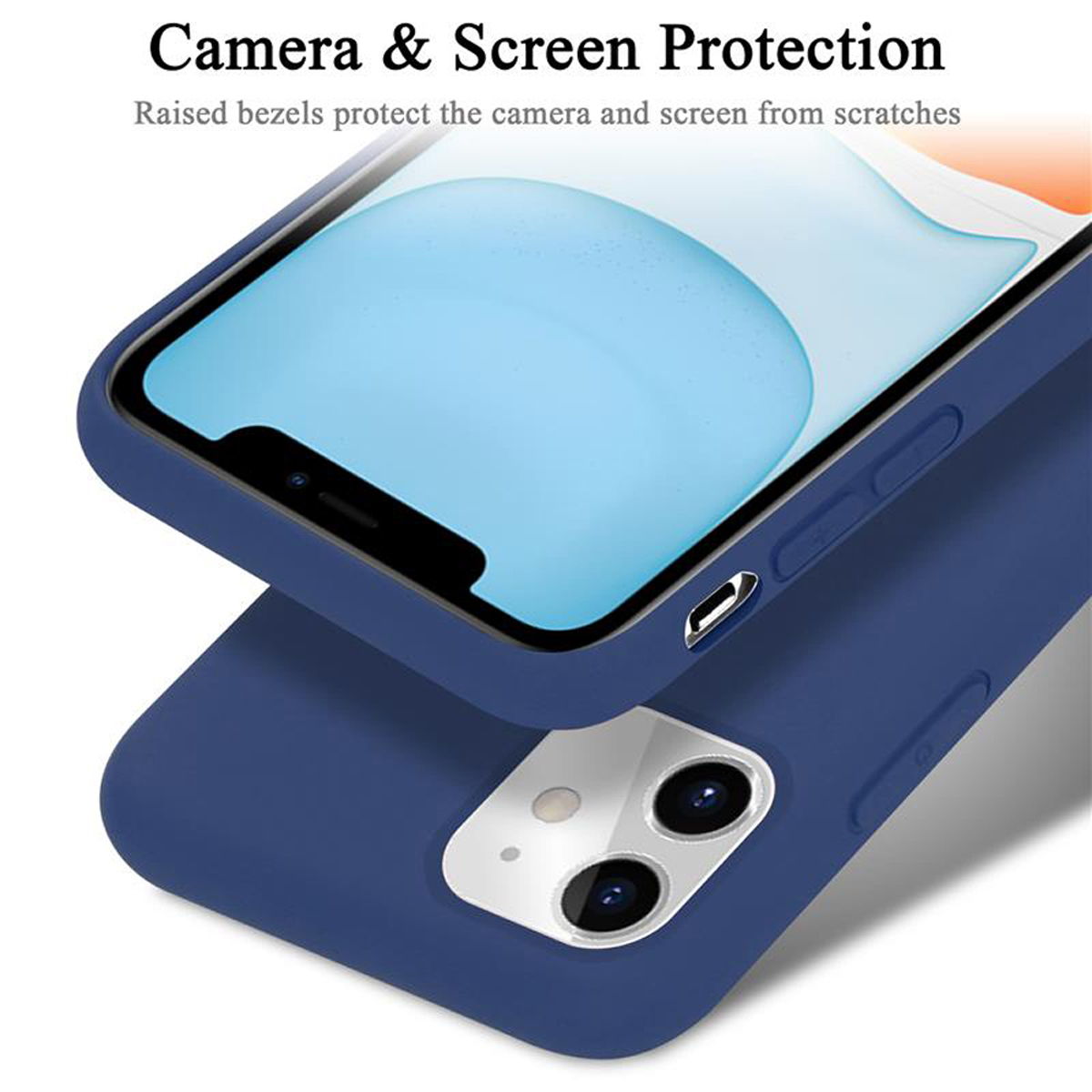Blaue Handyhülle über einem Telefon. Text weist auf Kamera- und Bildschirmschutz hin.