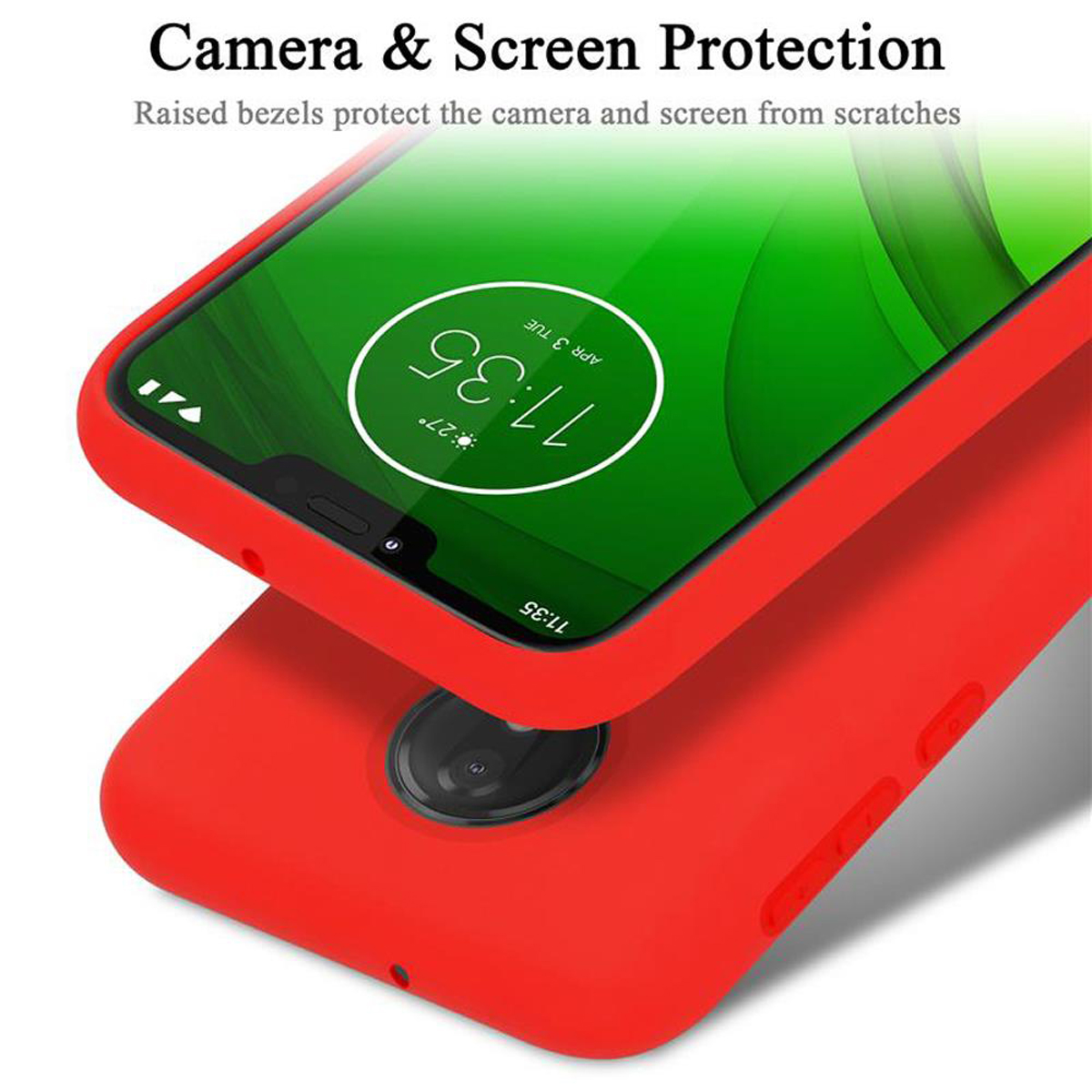 Custodia per telefono, cover rossa, schermo del telefono che mostra l'ora. Protezione fotocamera e schermo.