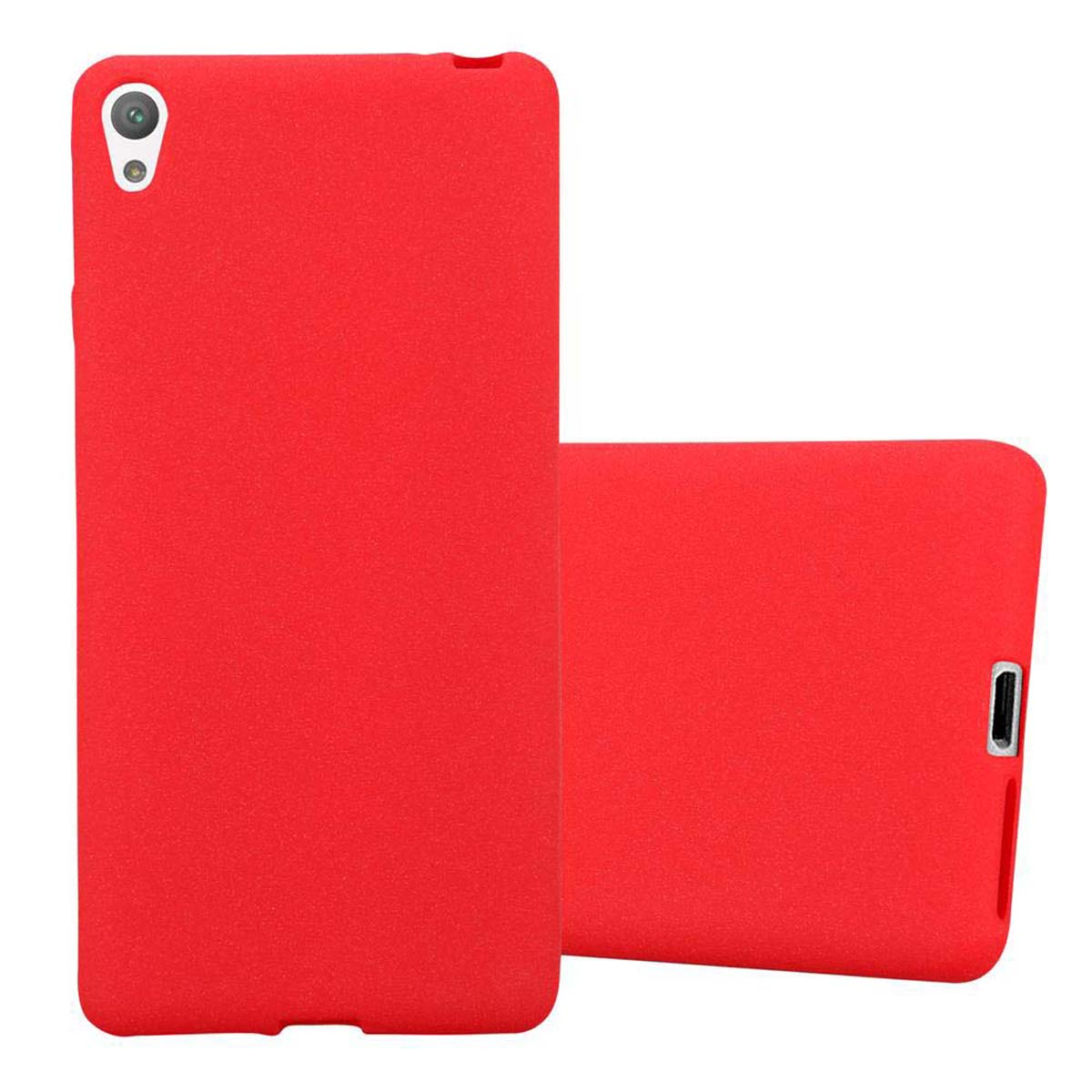 Dos fundas de teléfono rojas, una vertical y otra horizontal, sobre fondo blanco.