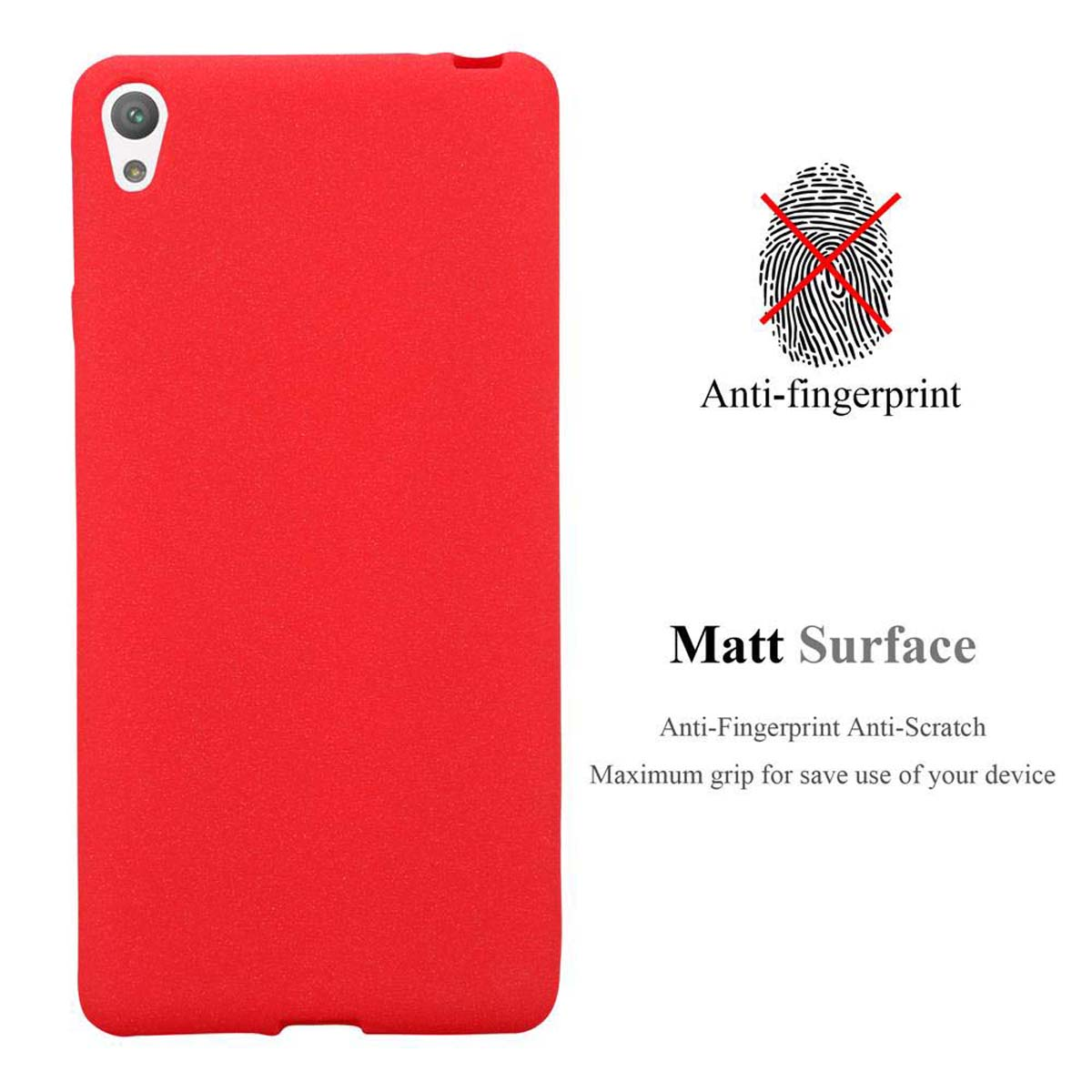 Funda roja para teléfono, texto 'Antihuellas' y 'Superficie mate', icono de huella dactilar.