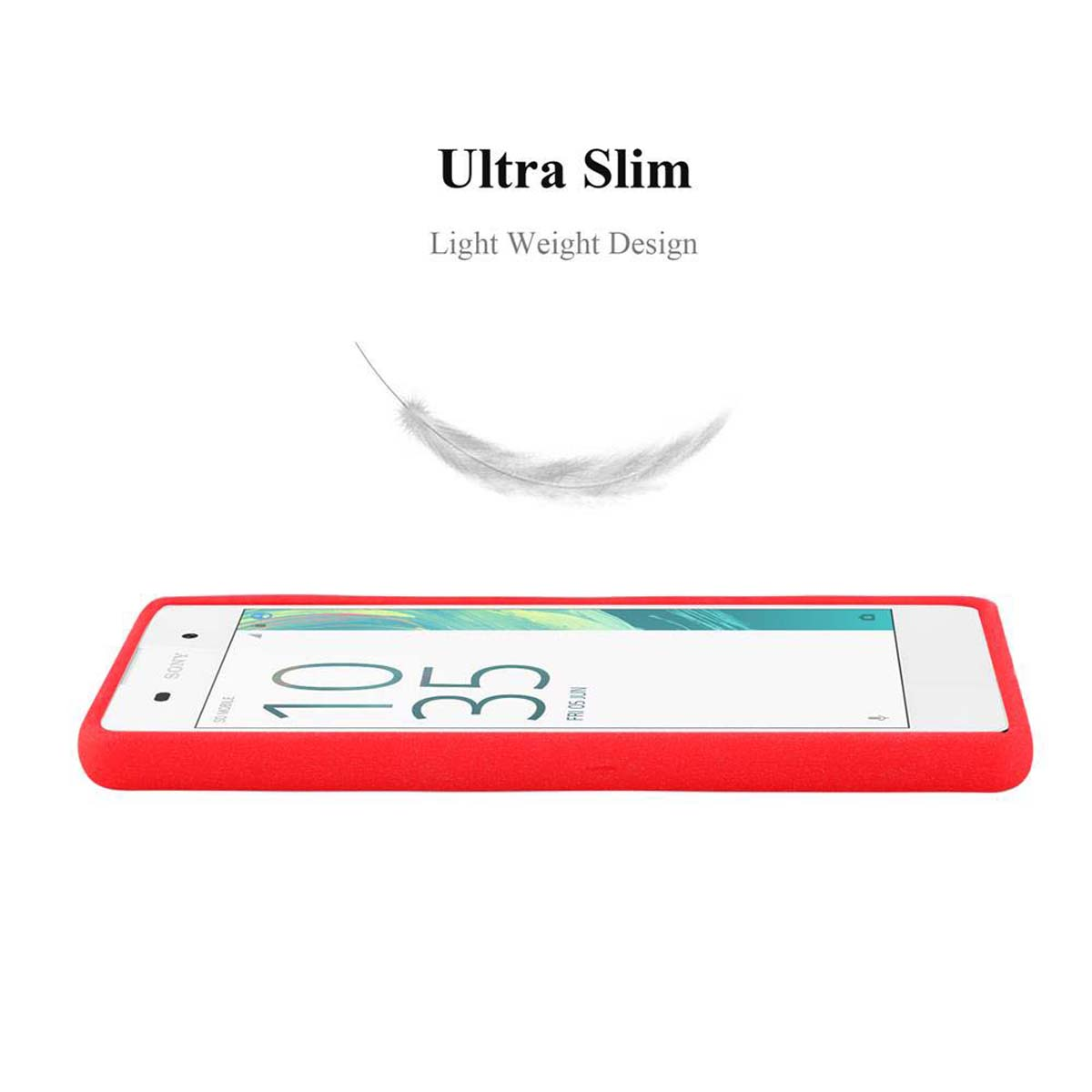 Funda roja para teléfono. Gráfico de pluma. Texto: Ultra Slim, Light Weight Design.