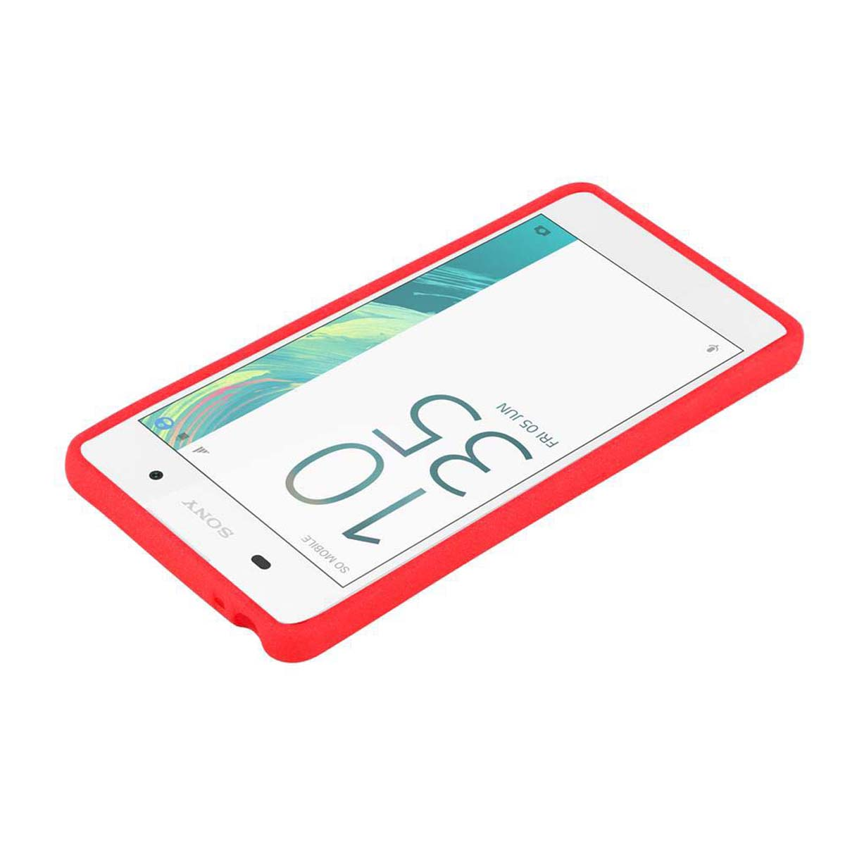 Una funda roja con una pantalla blanca que muestra las 10:35. La marca Sony es visible a la izquierda.