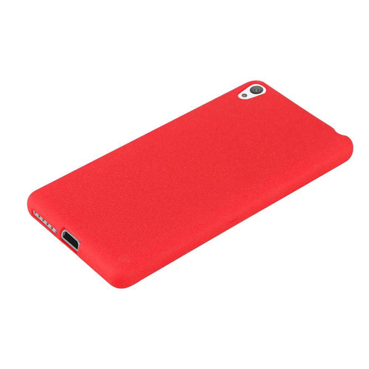 Una funda roja para teléfono. La funda es lisa y rectangular con un recorte para la cámara y el puerto.