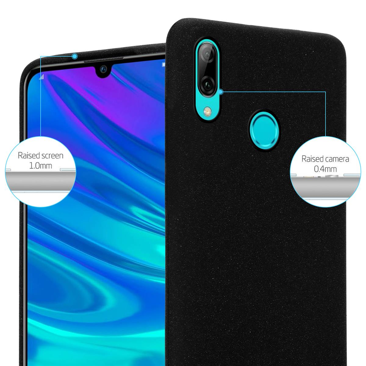 Custodia per telefono nera con dettagli schermo e fotocamera rialzati, con sfondo nero.