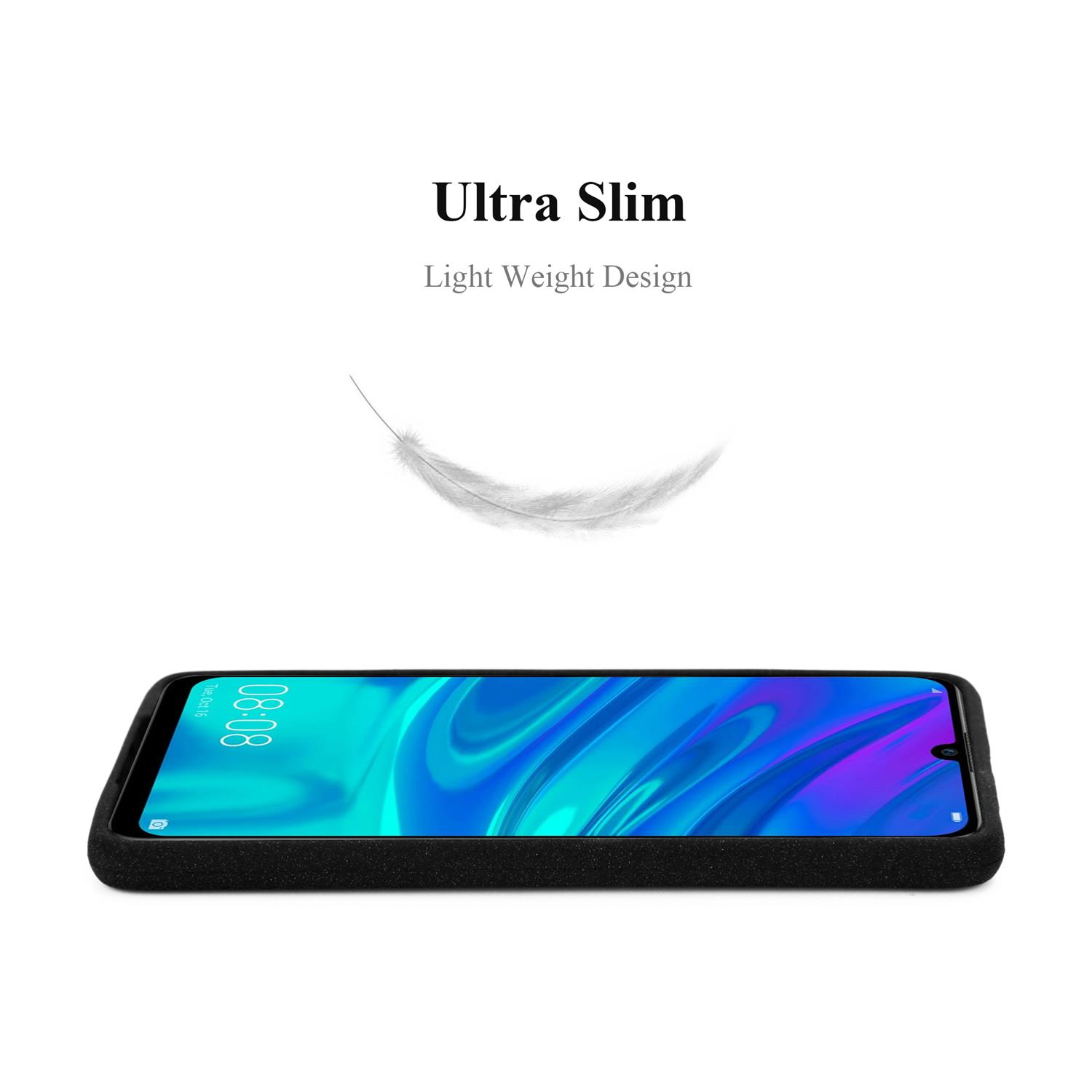 Un telefono nero appoggiato su una superficie, con le parole Ultra Slim e Light Weight Design sopra di esso.