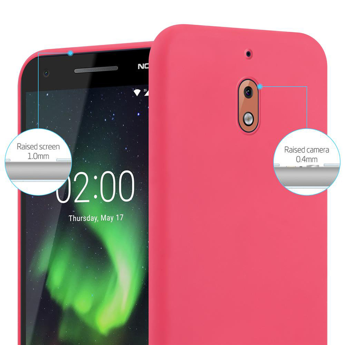 Una custodia per telefono rosa con un telefono all'interno. Primo piano mostra i dettagli dello schermo e della fotocamera.