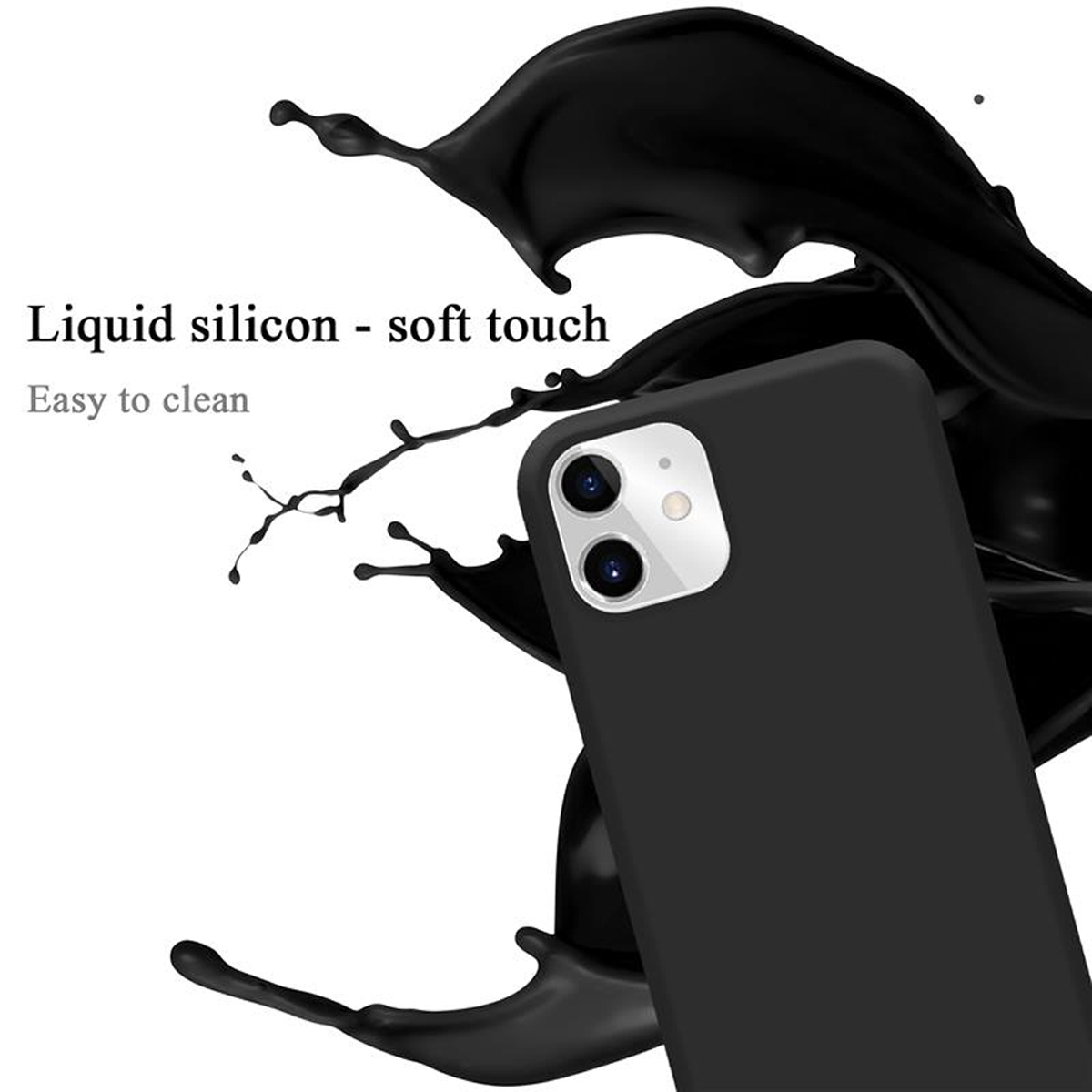Eine schwarze Handyhülle mit einem schwarzen Flüssigkeitsspritzdesign. Die Hülle hat ein Telefon mit zwei Kameras.