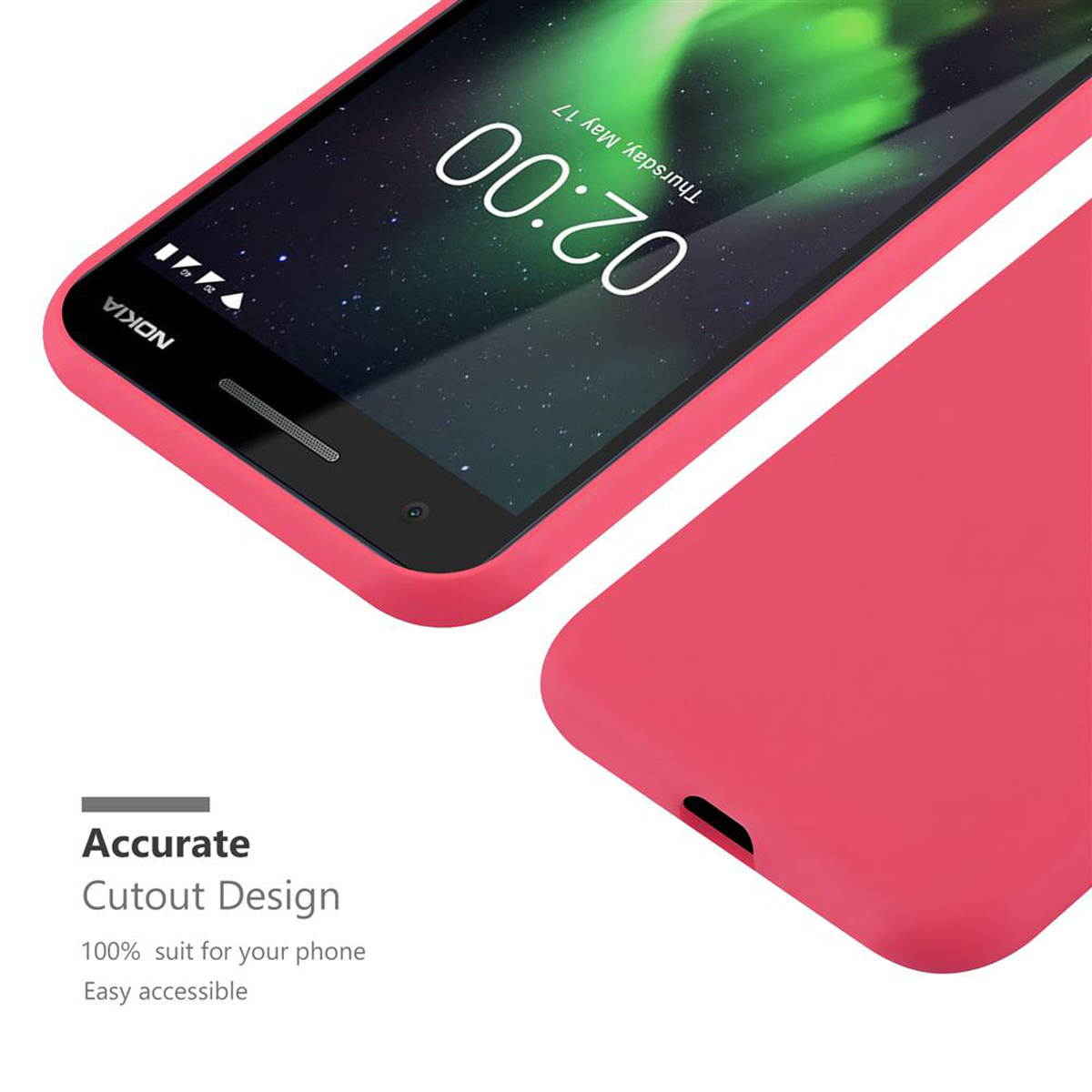 Telefono e custodia. Lo schermo mostra l'ora. La custodia è rosa.