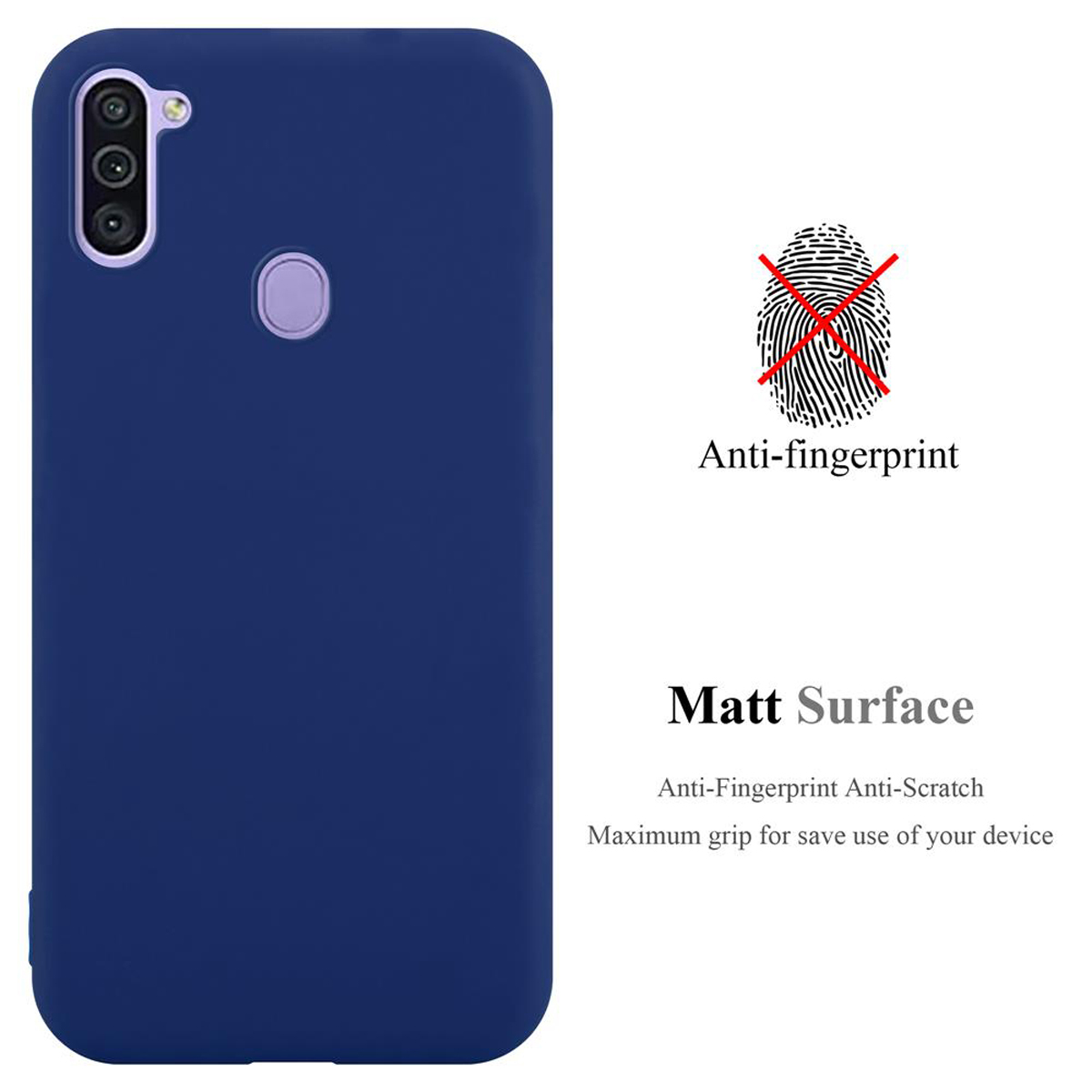 Custodia per telefono blu navy con fotocamera, pulsante e testo. Simbolo impronta digitale sbarrato.