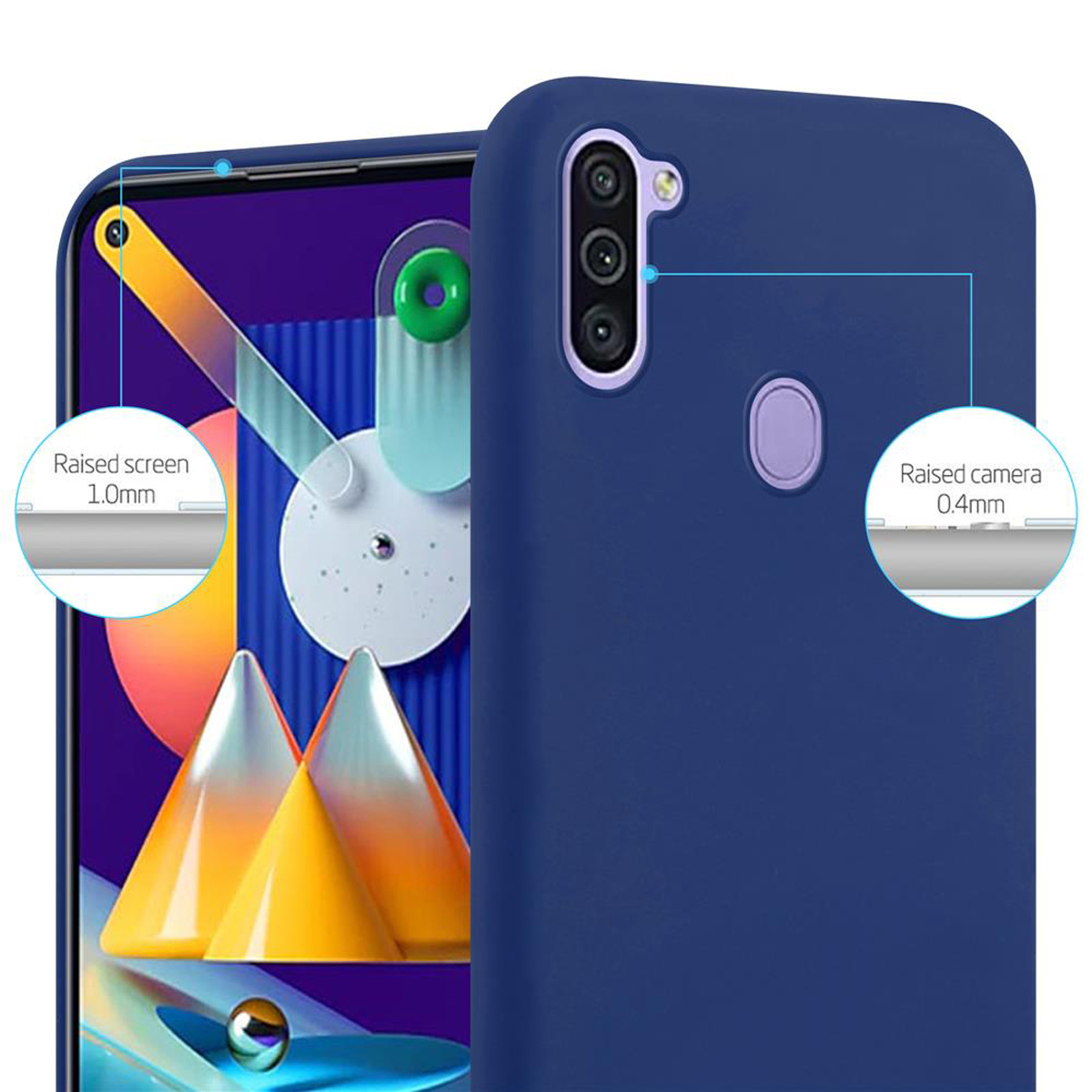 Un telefono in una custodia blu. Il testo mostra i dettagli dello schermo e della fotocamera rialzati. Sono le 9:00.