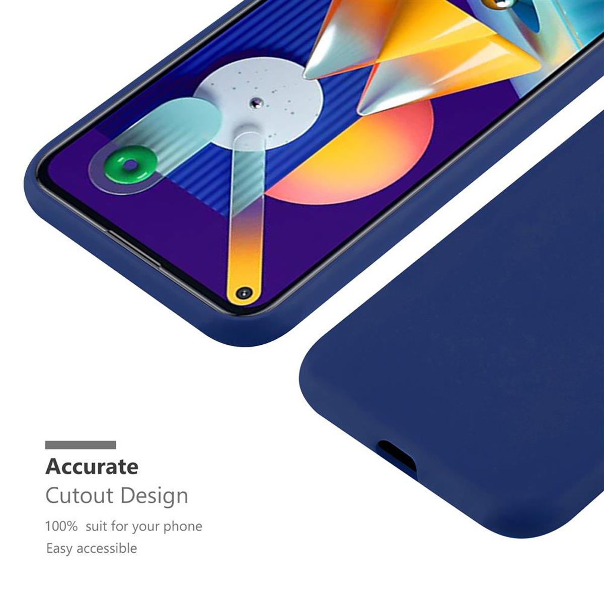 Una custodia blu per telefono con un telefono all'interno, che mostra lo schermo.