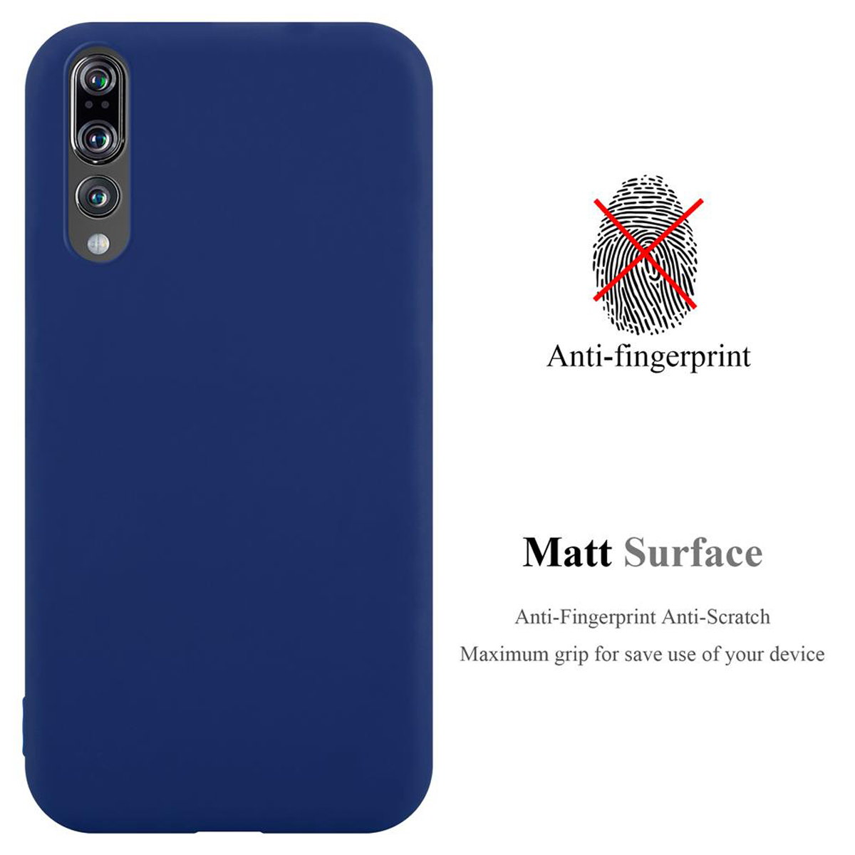 Una custodia per telefono blu con un segno di impronta digitale barrato, con testo che dice anti-impronta.