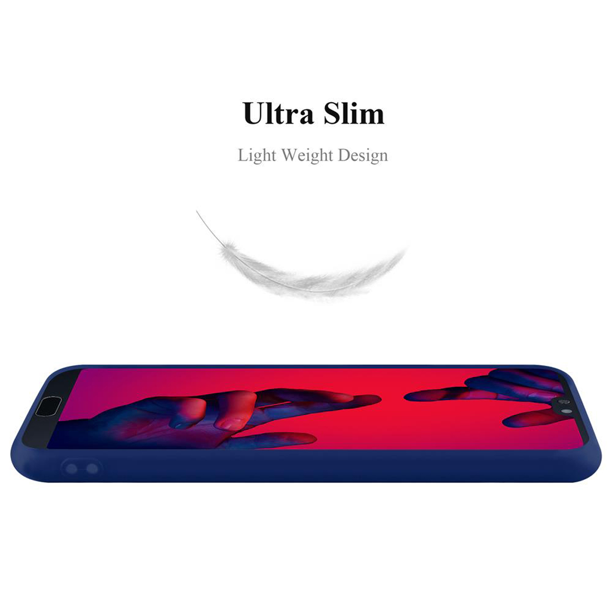 Una custodia per telefono blu scuro con una piuma. Testo: Ultra Slim, Design leggero.