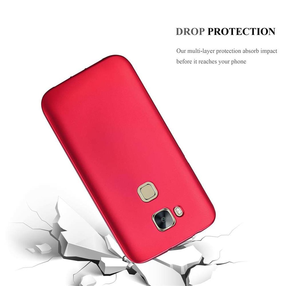 Una funda de teléfono roja cayendo y agrietando una superficie. El texto dice protección contra caídas.