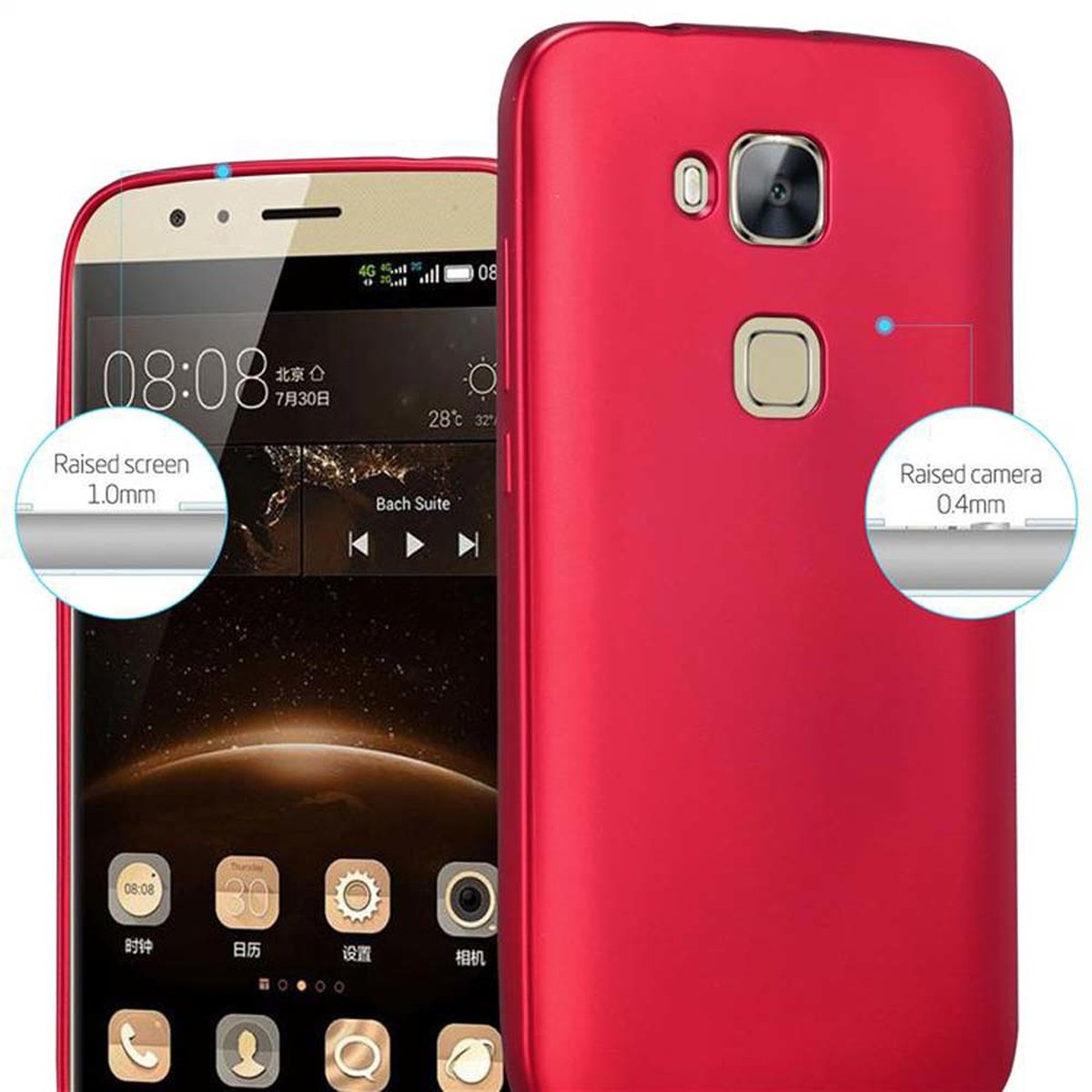 Una funda roja para teléfono junto a un teléfono con una pantalla que muestra la hora e iconos.