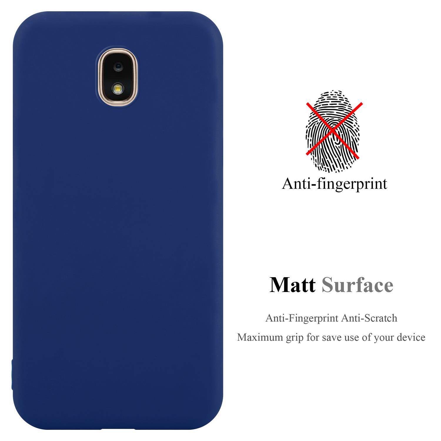 Custodia blu per telefono. Vengono evidenziate le caratteristiche anti-impronta e superficie opaca.
