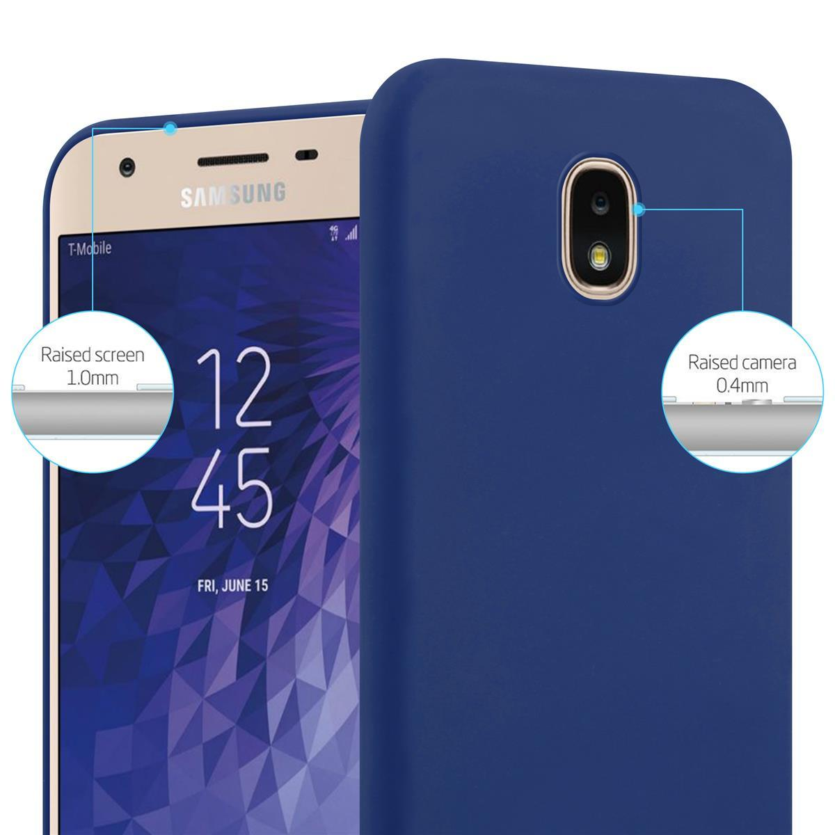 Una custodia per telefono blu con un telefono all'interno. I dettagli mostrano lo schermo e la fotocamera rialzati. Il telefono è un Samsung.