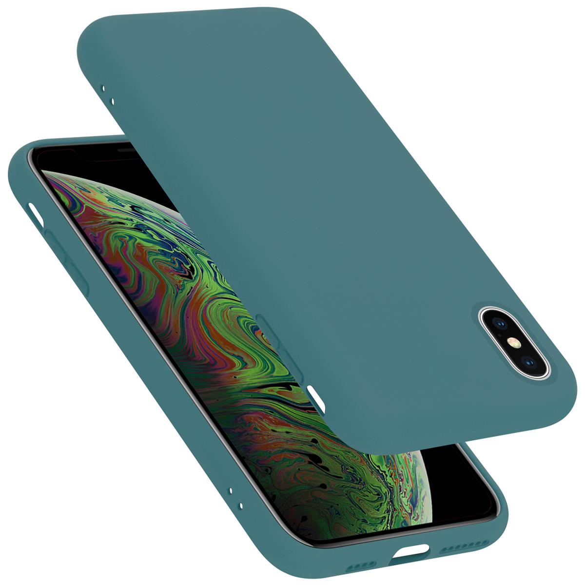 Zwei türkisfarbene Handyhüllen, eine oben auf der anderen, mit einem sichtbaren Telefonbildschirm.