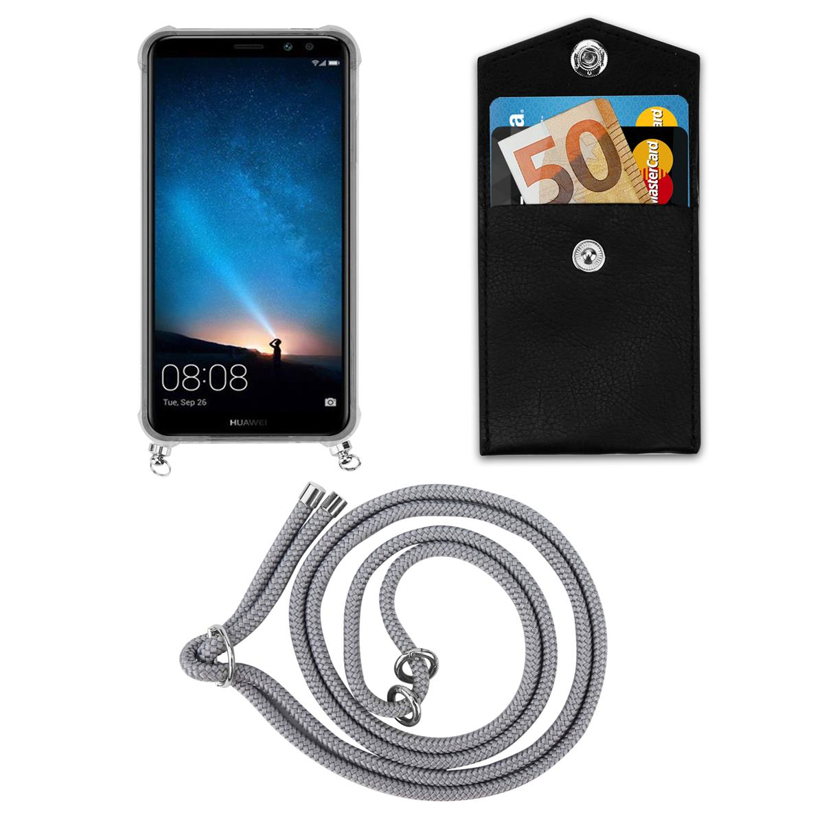 Telefon mit Hülle, schwarzes Portemonnaie und graues Seil. Das Portemonnaie enthält Karten und Bargeld.
