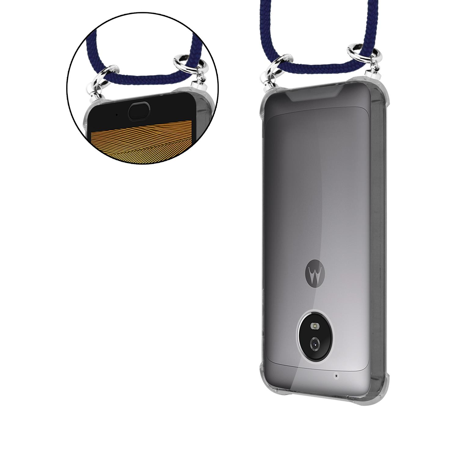 Telefon in transparenter Hülle an blauem Band. Detailansicht von oben.