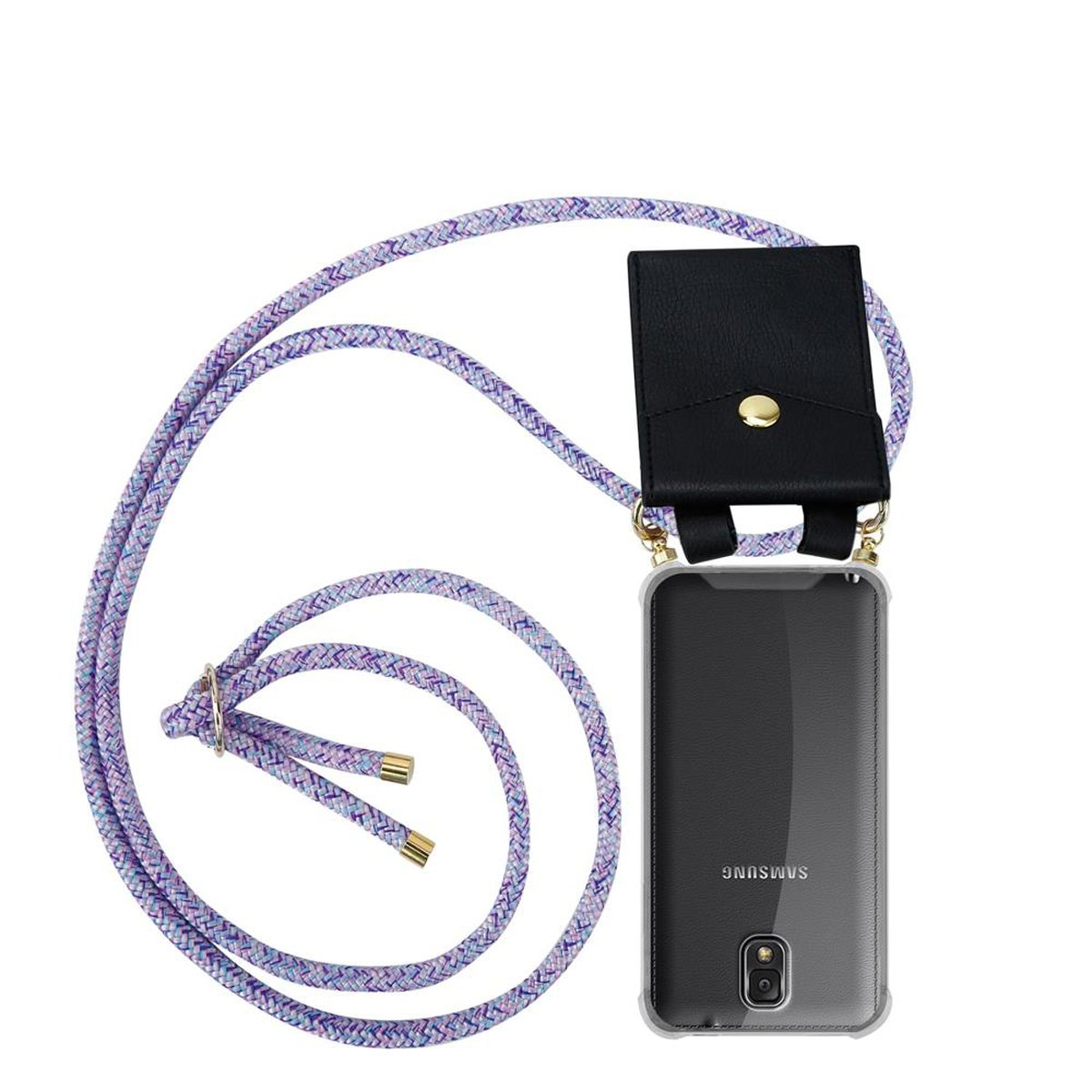 Telefono nero con custodia in pelle nera su corda viola. Dettagli dorati.