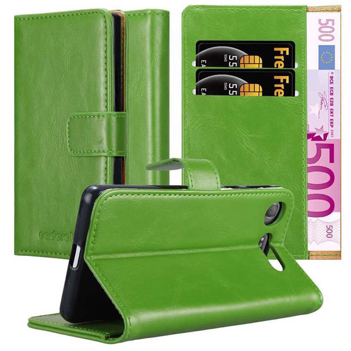 Funda de teléfono verde estilo cartera con ranuras para tarjetas. Vistas abiertas y cerradas. Billete de euro visible.