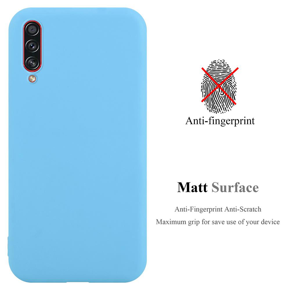 Eine hellblaue Handyhülle mit einem Anti-Fingerabdruck-Design. Das Bild enthält Text und eine Grafik.