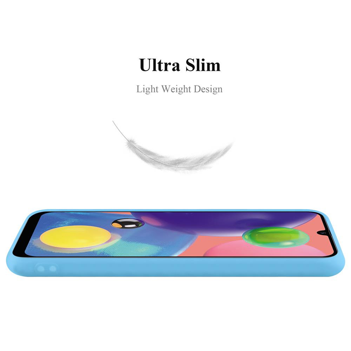 Hellblaue Handyhülle, mit dem Text 'Ultra Slim' und einer Federgrafik.