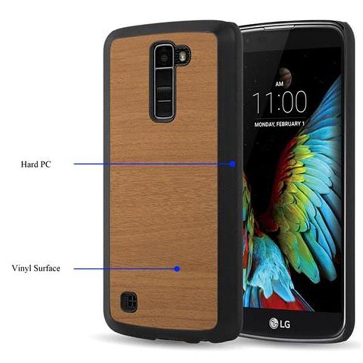 Una custodia per telefono con un motivo simile al legno. Il telefono è all'interno della custodia, con un bordo nero.