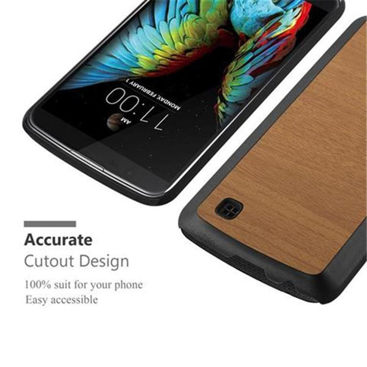 Telefono su una custodia in legno. Il display mostra l'ora. Il testo dice Accurate Cutout Design.
