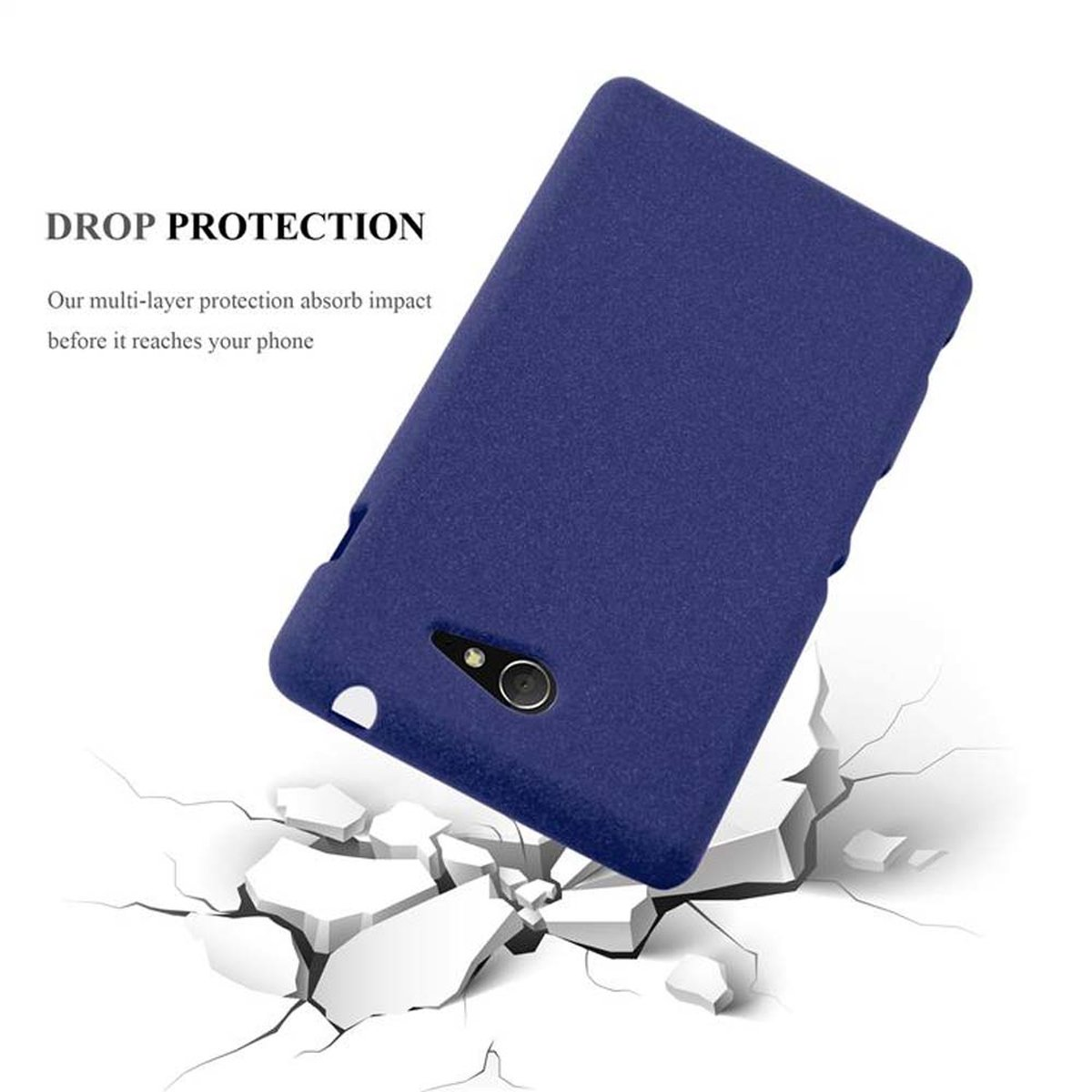 Una custodia per telefono blu che cade, con crepe e detriti dall'impatto, enfatizzando la protezione dalle cadute.