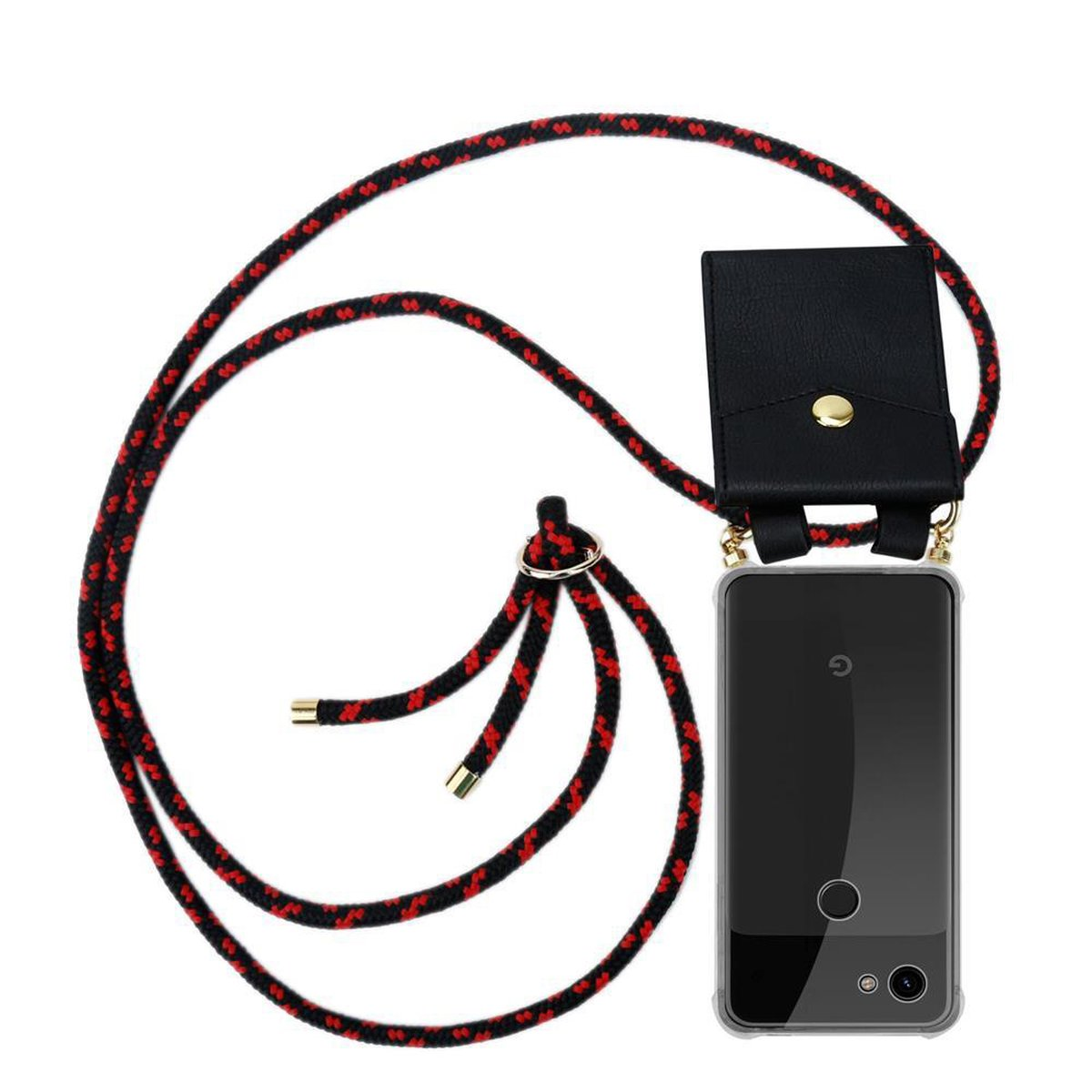 Eine Handyhülle mit Lanyard. Sie hat eine schwarze Ledertasche, eine transparente Handyhülle und ein rot-schwarzes Seil.