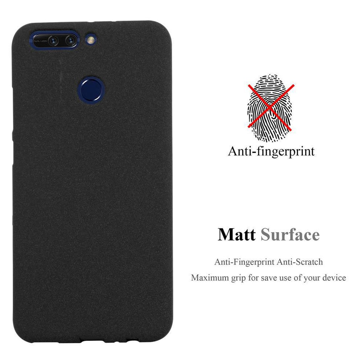 Una custodia per telefono nera con superficie opaca, anti-impronte e anti-graffio, con un'icona rossa dell'impronta digitale.