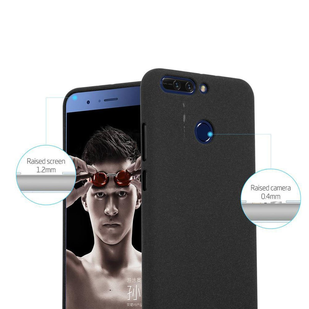 Custodia nera con telefono e diagrammi. Protezione schermo e fotocamera rialzate. Un uomo con occhiali.