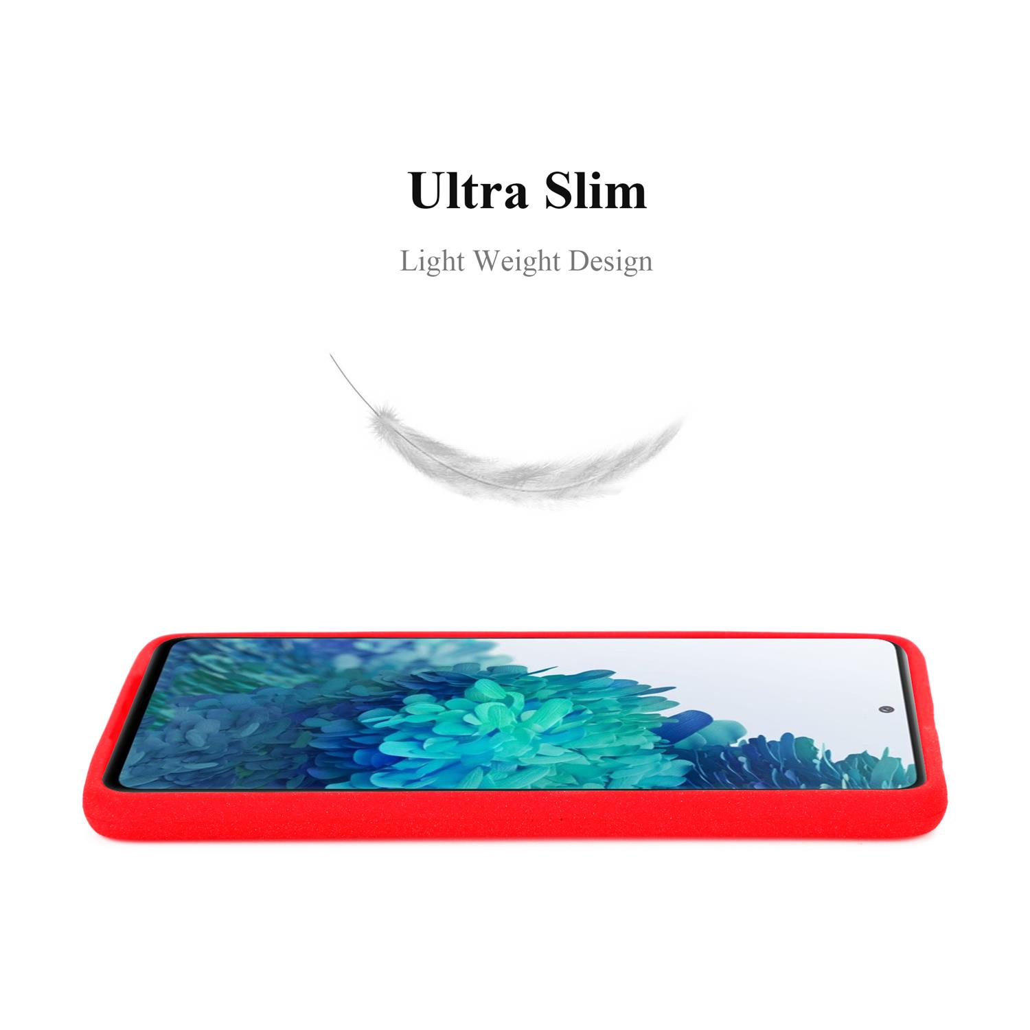 Un telefono in una custodia rossa con una grafica a piuma. Il testo 'Ultra Slim' e 'Light Weight Design' è mostrato.