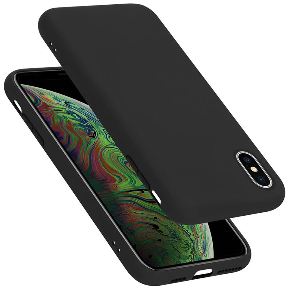 Schwarze Handyhülle auf einem Telefon, leicht geöffnet. Der Bildschirm zeigt ein farbenfrohes Muster.
