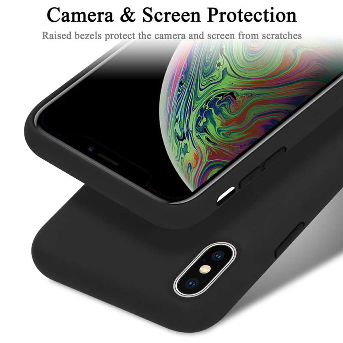 Schwarze Handyhülle mit Telefon. Text: Kamera- und Bildschirmschutz.