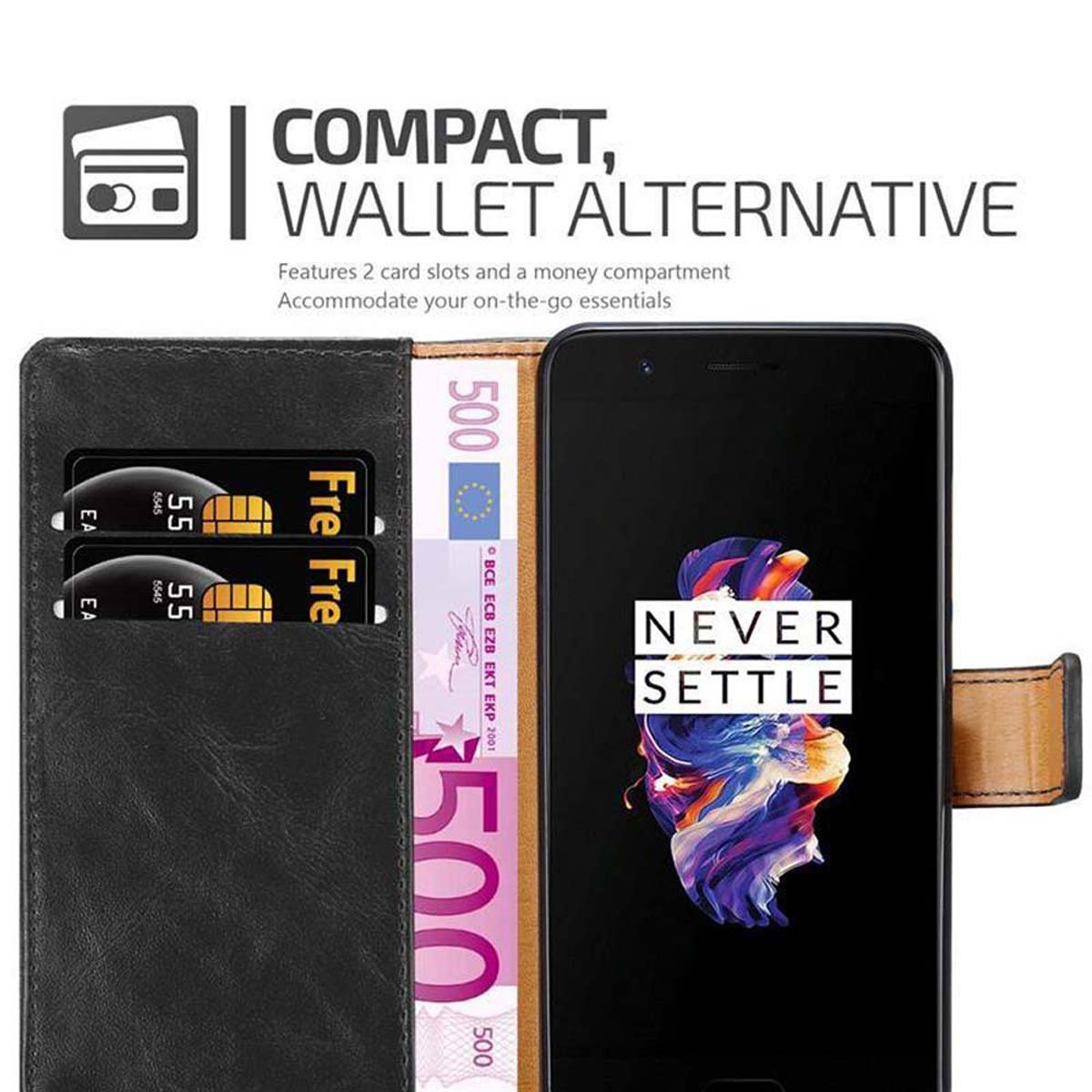 Primo piano di una custodia per telefono e un portafoglio con soldi e carte. Testo: Compatto, alternativa al portafoglio.