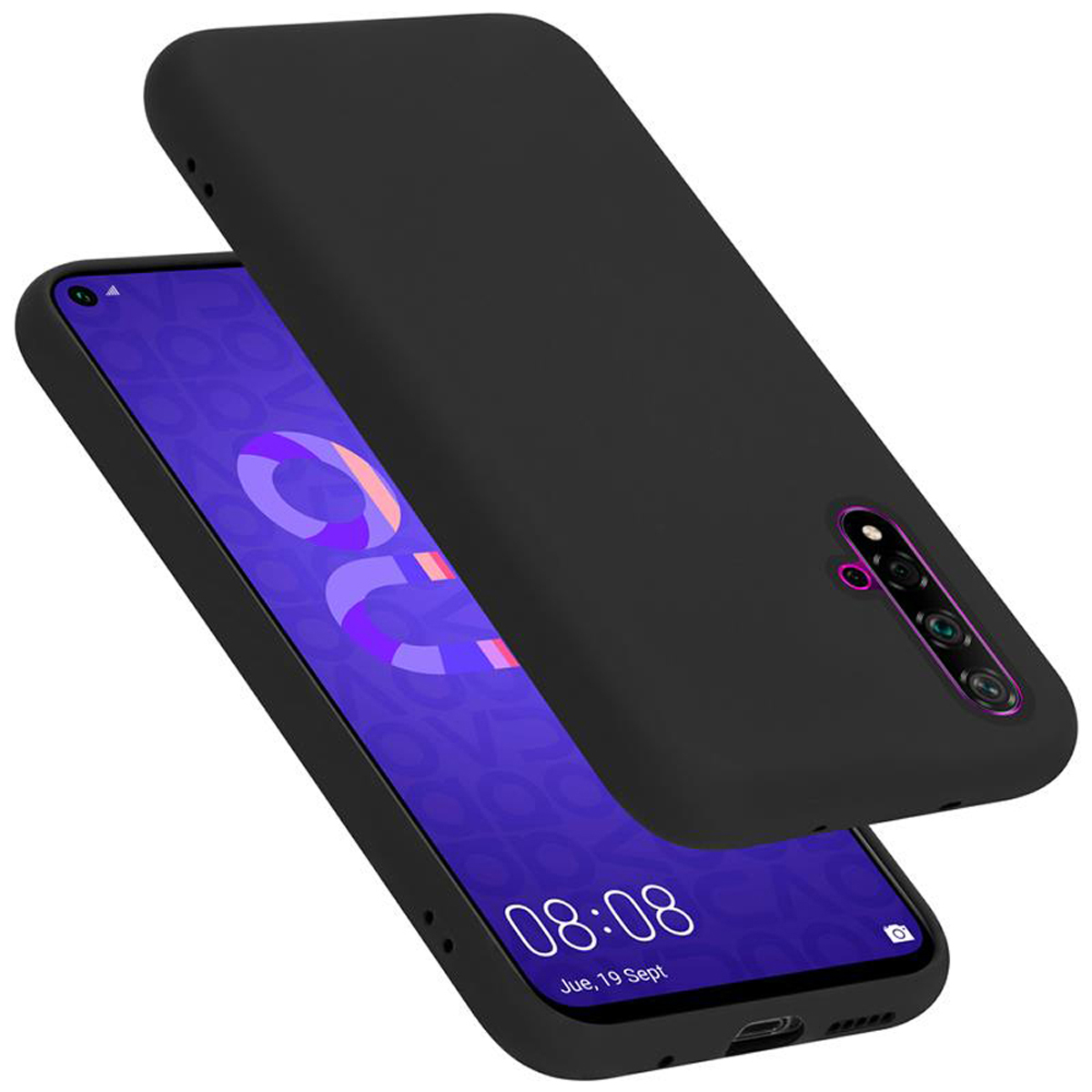 Schwarze Handyhülle mit Telefon. Das Telefon zeigt die Uhrzeit 08:08 und das Datum.