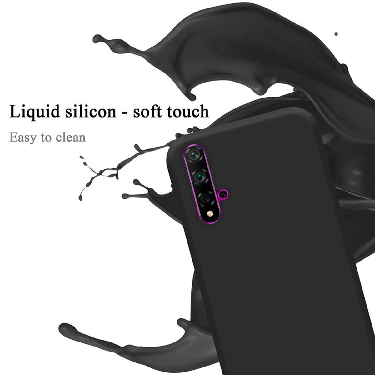 Schwarze Handyhülle mit schwarzem Flüssigkeitsspritzer, Telefon mit Dreifachkamera.