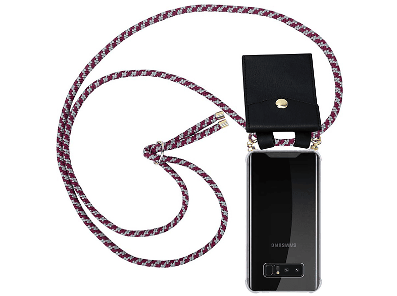 CADORABO Handy Kette mit Gold Ringen, Kordel Band und abnehmbarer Hülle, Backcover, Samsung, Galaxy NOTE 8, ROT WEIß
