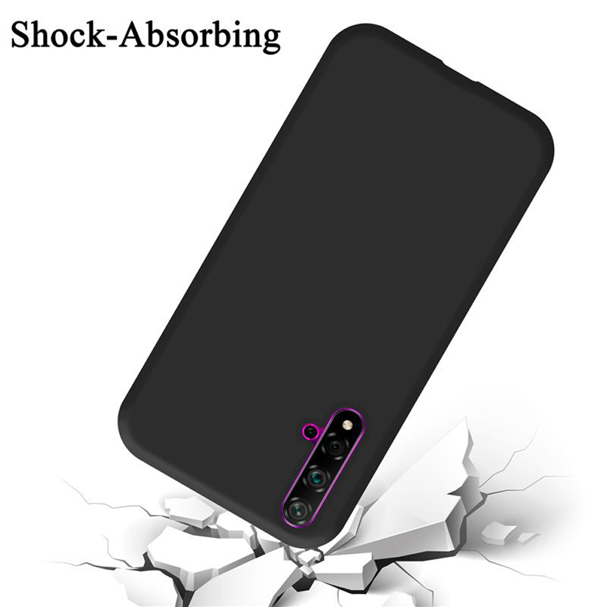 Schwarze Handyhülle mit Handy auf weißer Oberfläche. Das Telefon fällt und bricht die Oberfläche.
