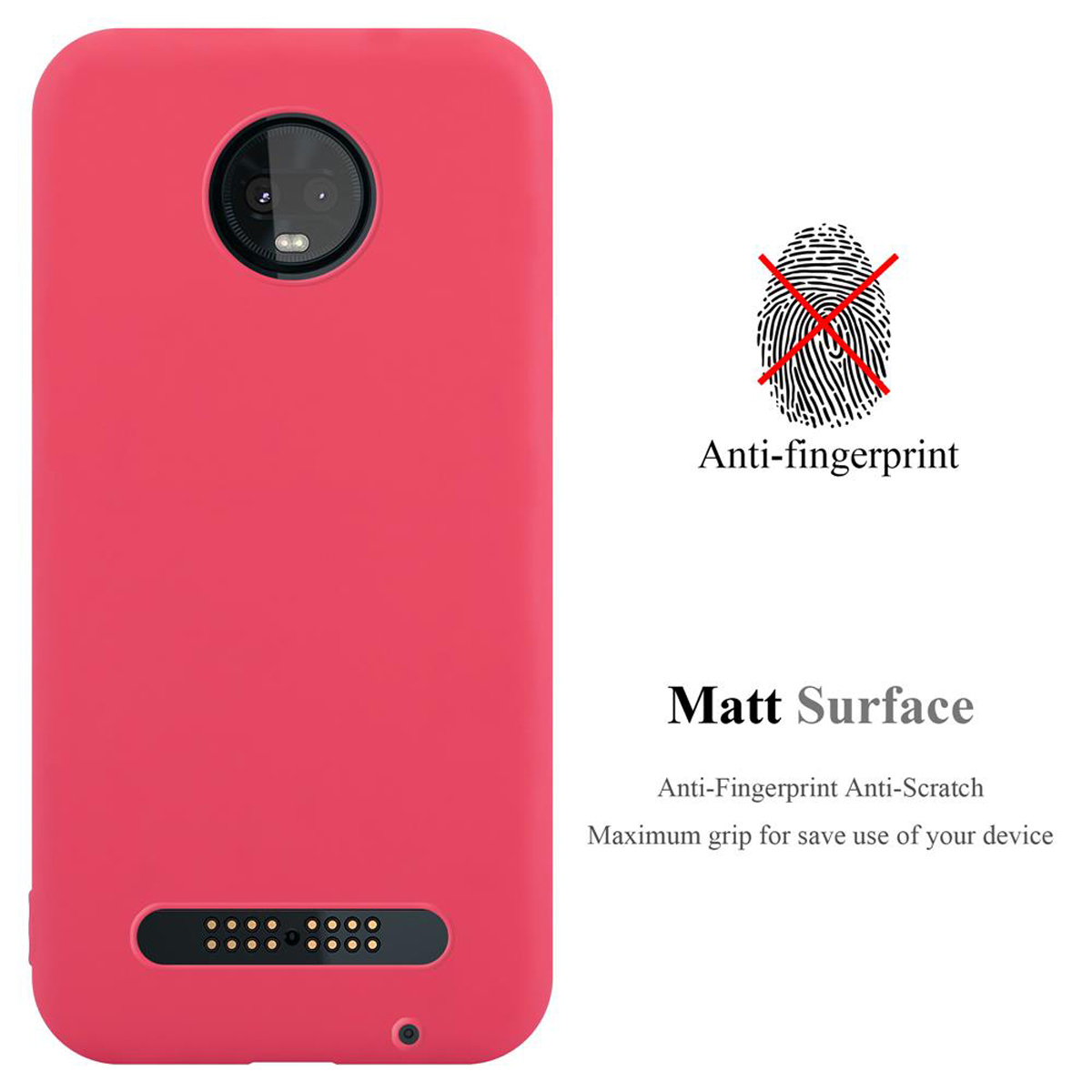 Custodia per telefono rossa, con testo anti-impronte. Il simbolo dell'impronta digitale ha una X rossa sopra.