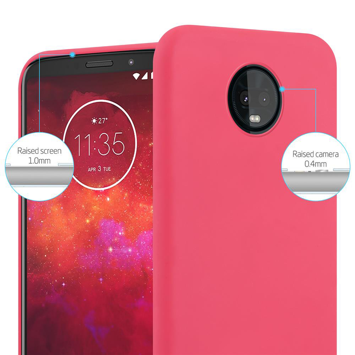 Custodia rosa per telefono con schermo e fotocamera rialzati. L'ora è 11:35. Sfondo sfocato.