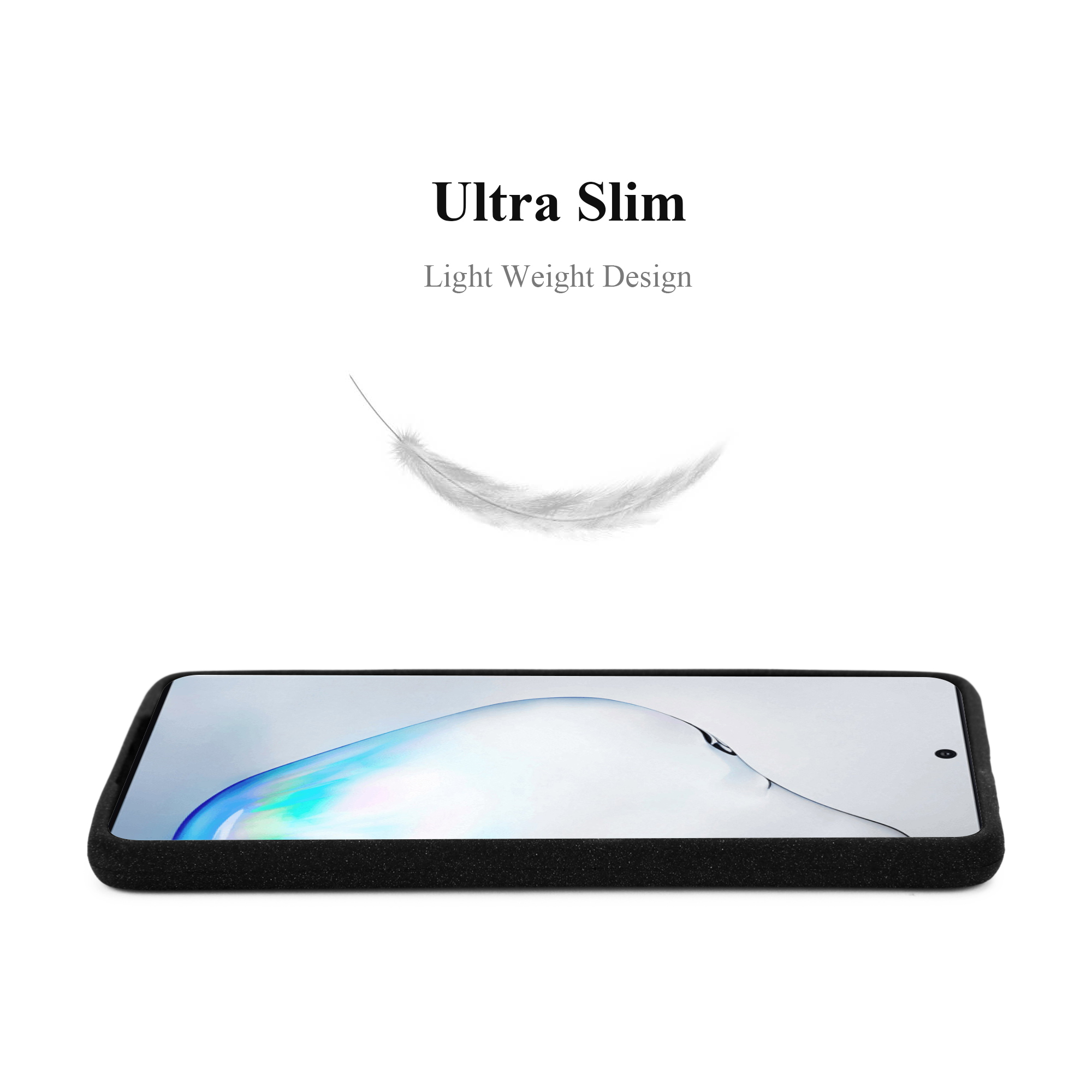 Una custodia nera con un telefono dentro. Una piuma sopra. Testo: 'Ultra Slim' e 'Light Weight Design'.