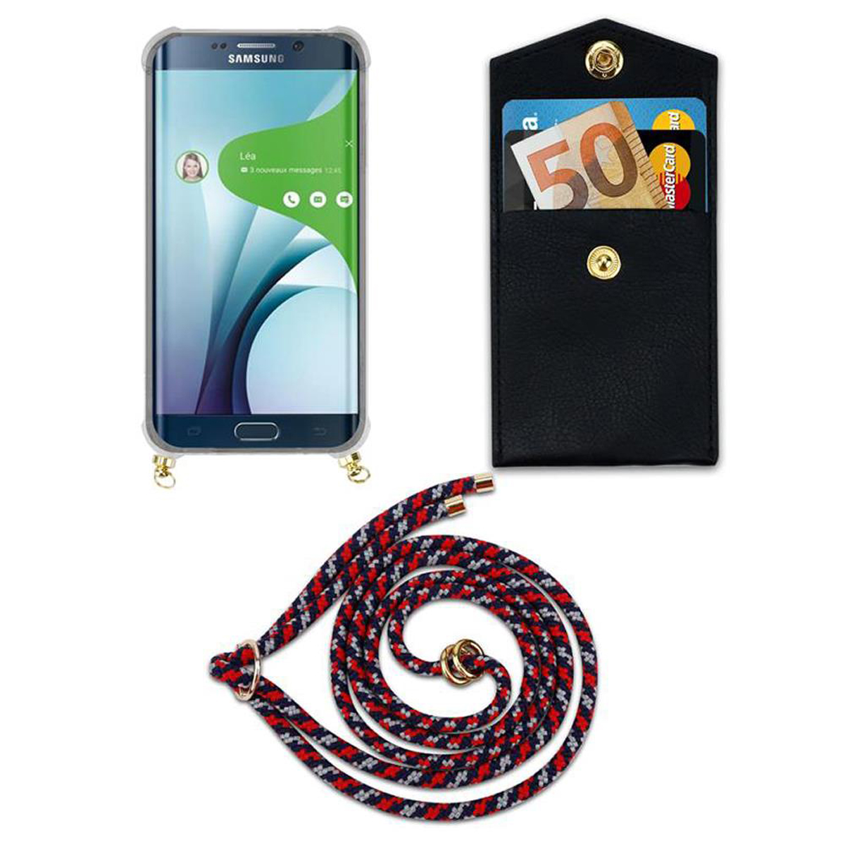 Telefono Samsung in una custodia trasparente, con custodia nera e cinturino rosso e nero.