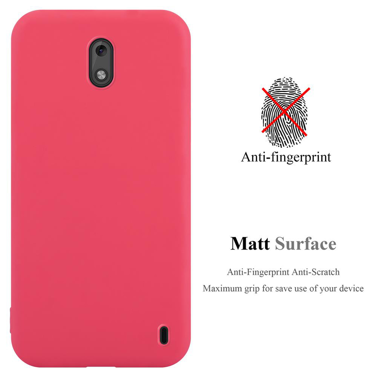 Una custodia rosa per telefono con design anti-impronta. La custodia è su una superficie bianca.